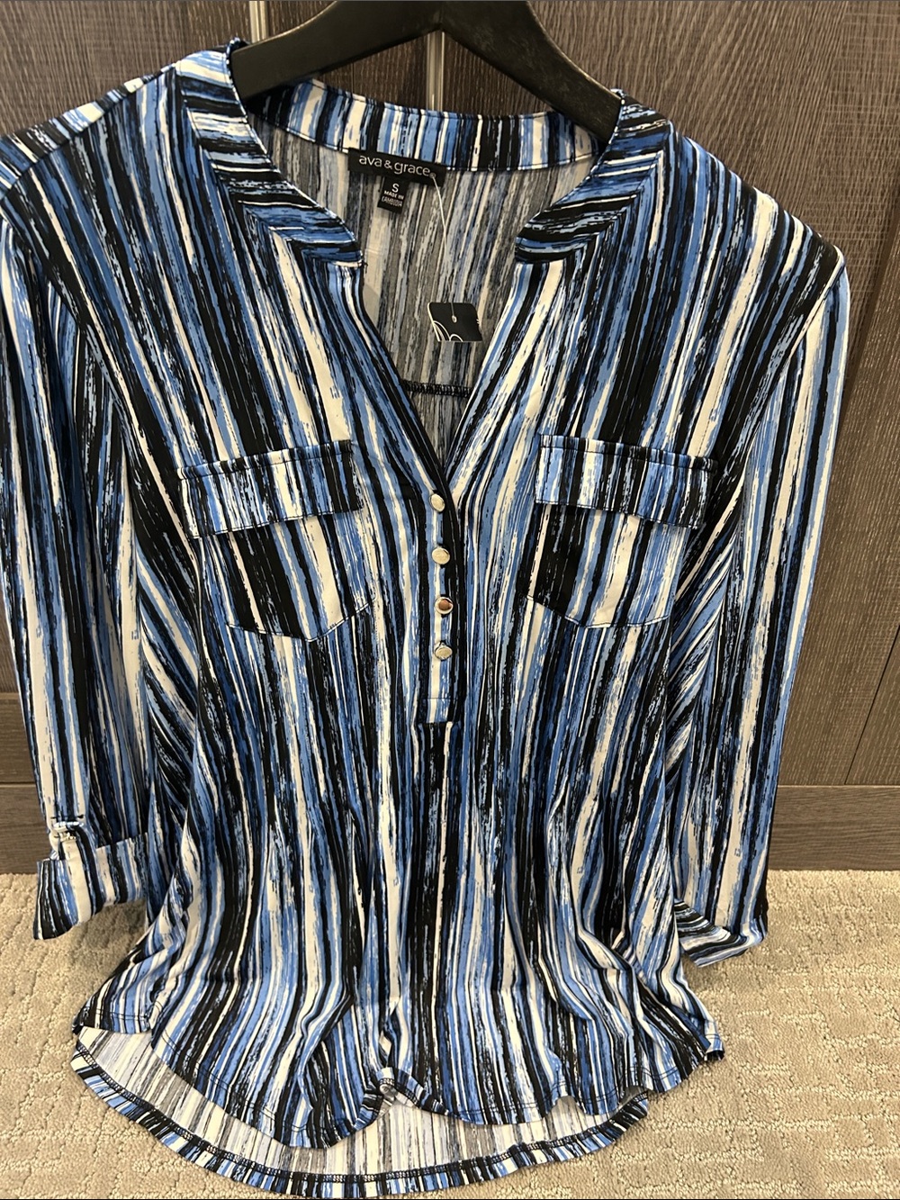 Ava & Grace Blue, Black & White Striped Blouse